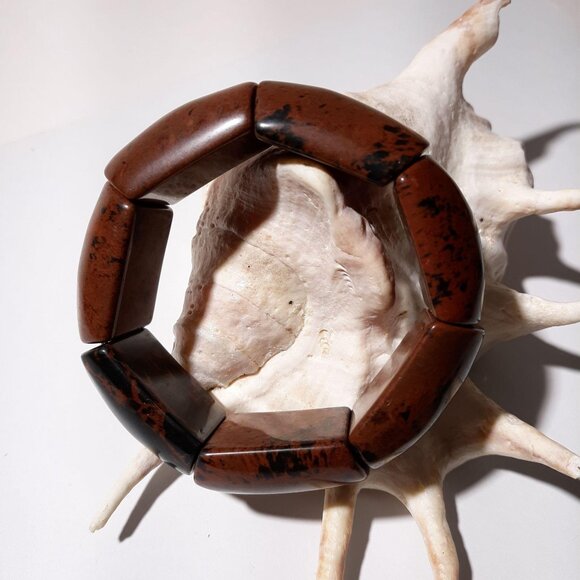 River Jasper Bracelet Natural Stone Brown Black Stretch Bangle - Picture 2 of 6